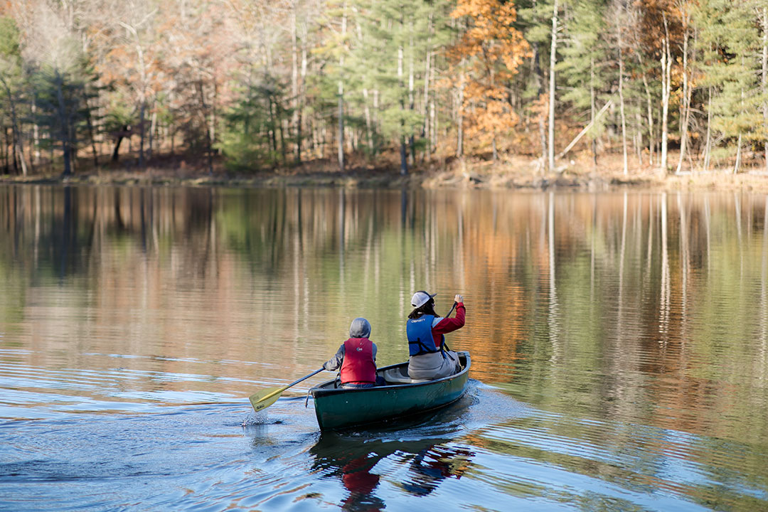 two people paddling a canoe