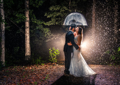 bride and groom kissing beneath umbrella