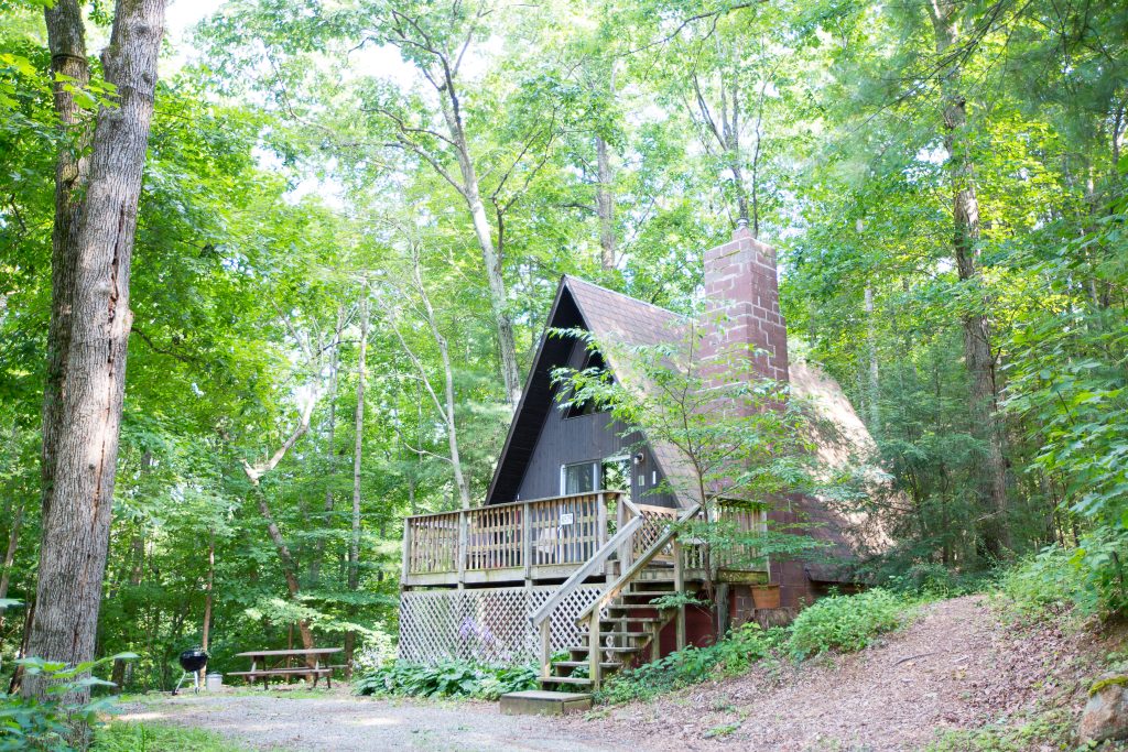 A-frame cottage surrounded by trees at Montfair Resort Farm