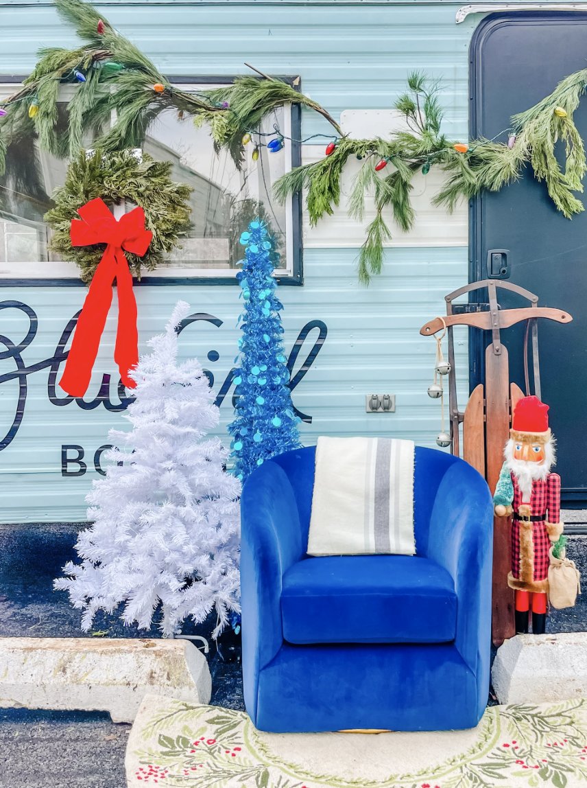 blue chair and holiday decorations